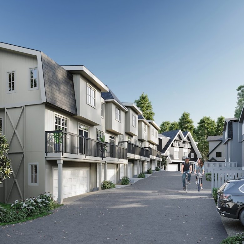 Modern farmhouse style townhomes at The Falls in Kanaka Springs Maple Ridge beside Kanaka Creek Regional Park