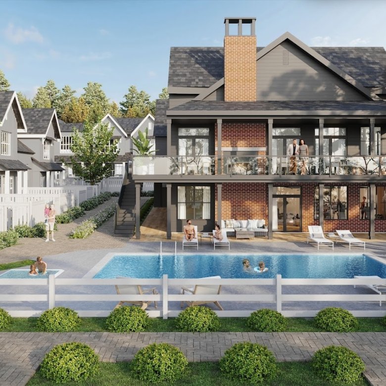 Coho Club amenity center at The Falls with pool, hot tub, fitness space and lounge seating