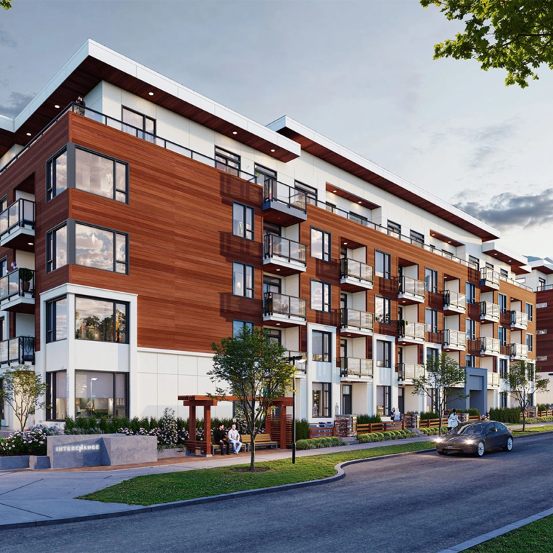 Exterior rendering of Interchange Surrey mid rise buildings.