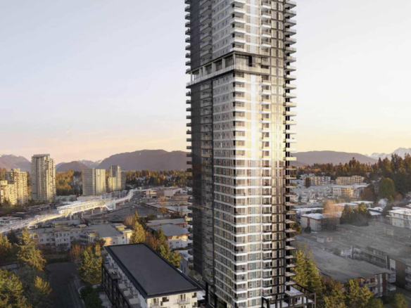 Exterior rendering of JINJU high rise condo tower in Burquitlam Coquitlam developed by Anthem Properties