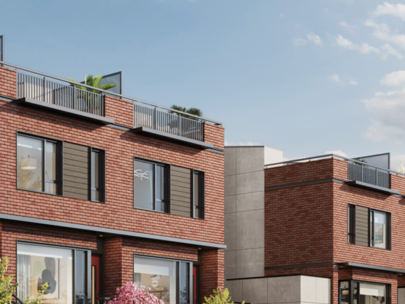 Exterior view of Kinsley at Queen Elizabeth Park in daylight with brick design.