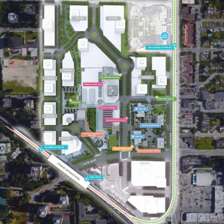 Master plan site map of The City of Lougheed showing tower locations, parks and retail corridors