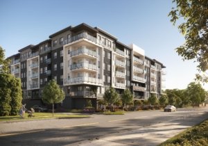 Daylight exterior rendering of The Merchant Langley with modern facade.