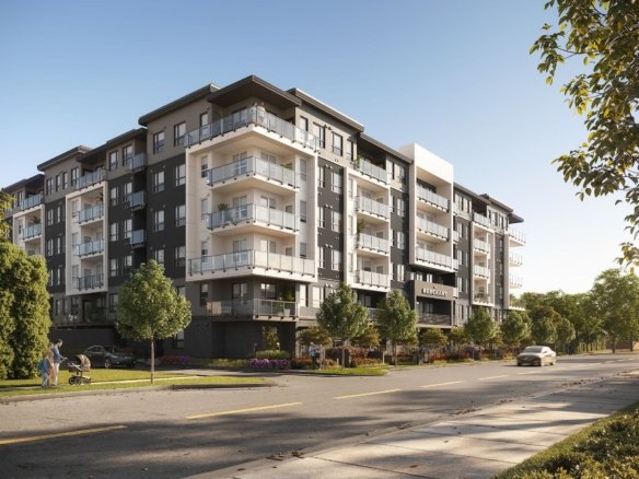 Daylight exterior rendering of The Merchant Langley with modern facade.