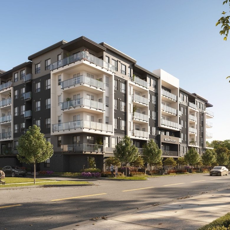 Daylight exterior rendering of The Merchant Langley with modern facade.