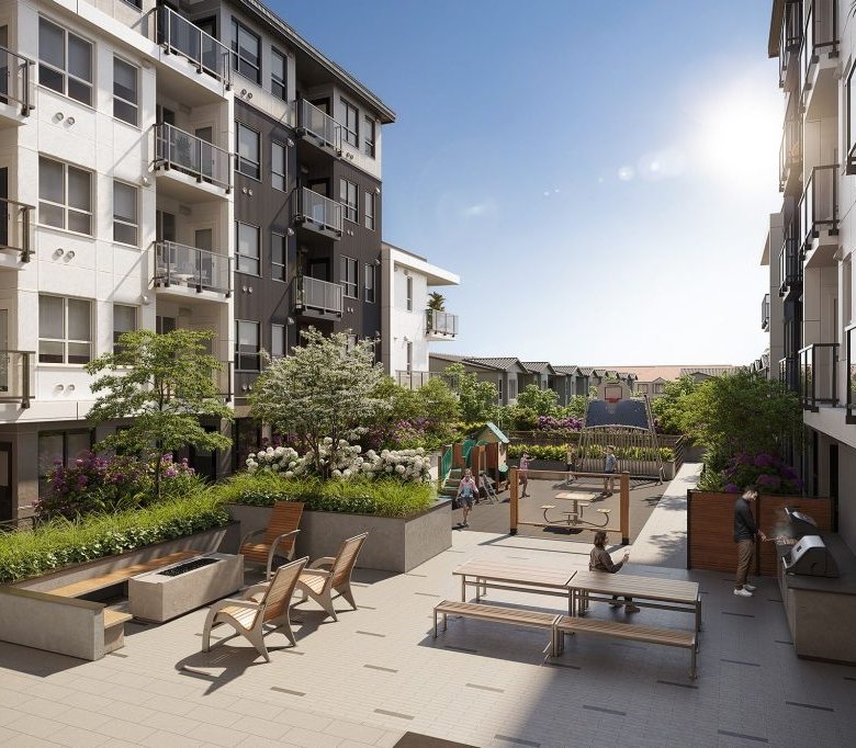 Streetscape and central courtyard at The Merchant Langley.