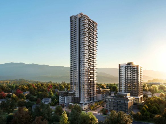 Aerial rendering of Gardena towers in Burquitlam surrounded by forested landscape.
