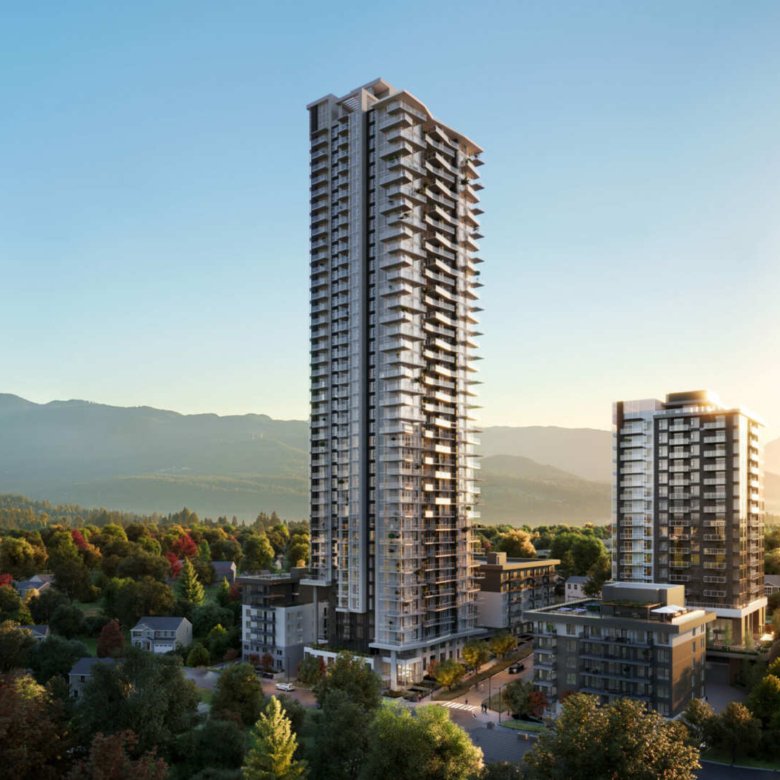 Aerial rendering of Gardena towers in Burquitlam surrounded by forested landscape.