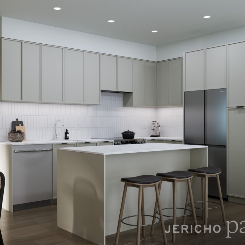 Kitchen rendering with modern cabinetry and stone surfaces.