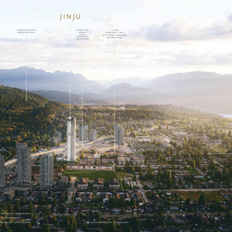 Map showing JINJU location near Burquitlam SkyTrain Station and local amenities in Coquitlam