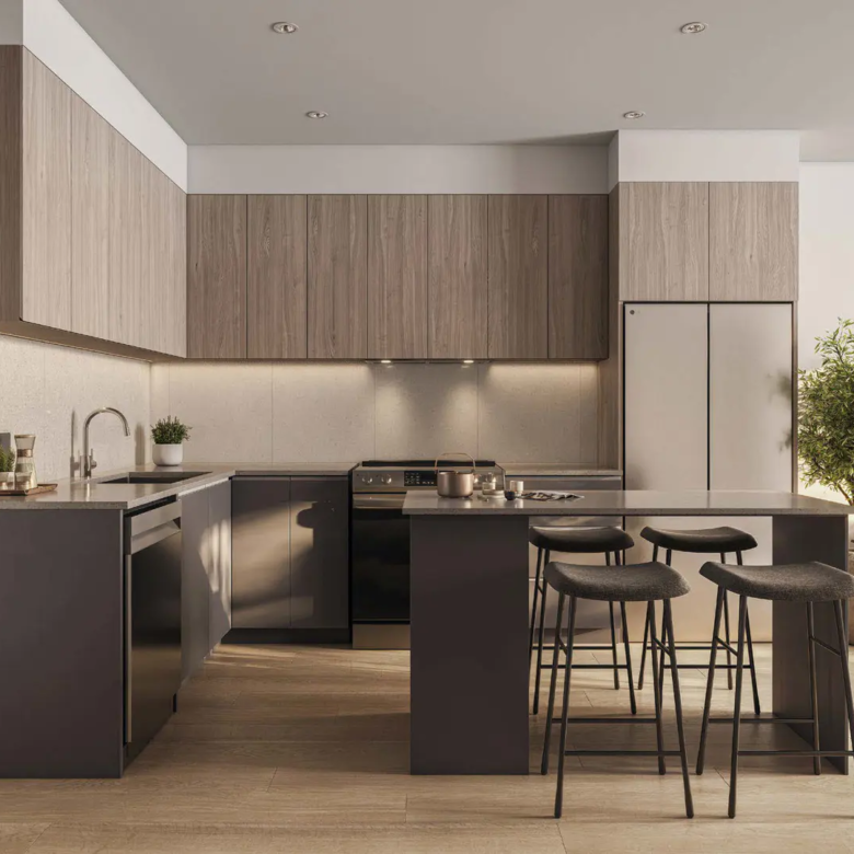 Contemporary kitchen interior at The Merchant Langley with quartz countertops.